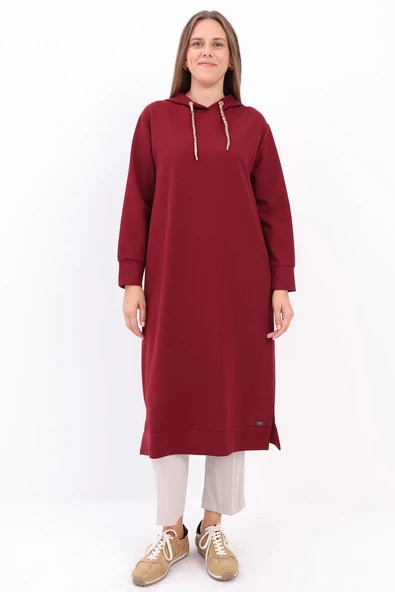 Vişne-Leopar Bağcıklı Kapüşonlu Rahat Tunik - Resim 2