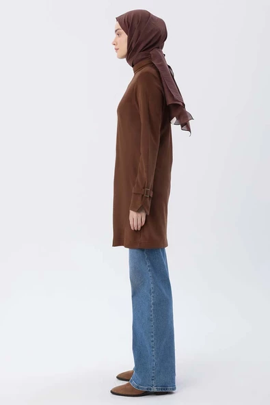 Kahve-Yaka Ve Kolları Toka Detaylı Tunik - Resim 3