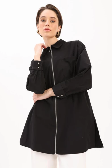 Siyah-FERMUARLI MANŞETİ DUBLELİ GÖMLEK TUNİK ürün görseli