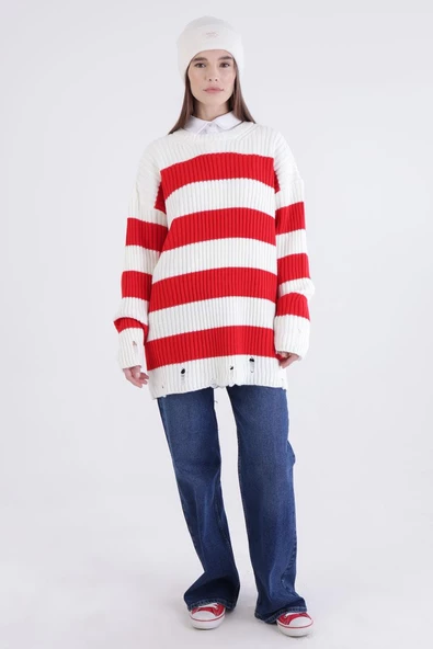 Kırmızı-Ekru-Yırtık Detaylı Triko Kazak - 2