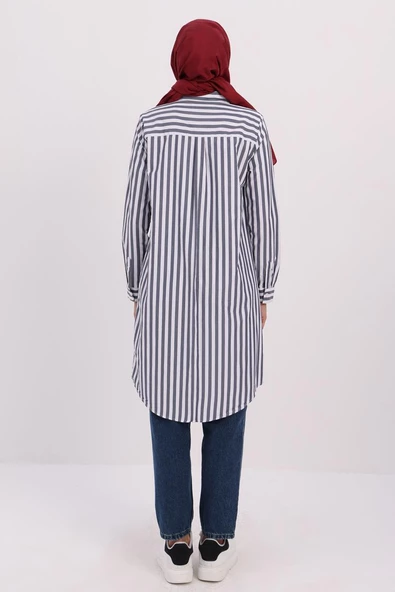 Lacivert-Beyaz-Gizli Patlı Gömlek Tunik - 4