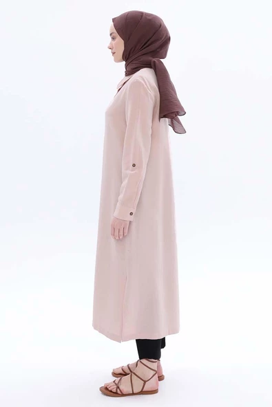 Açık Somon-Çift Düğmeli Keten Tunik - Resim 3