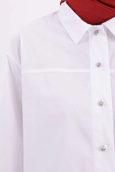 Beyaz-Roba ve Dikiş Detaylı Gömlek - Resim 5