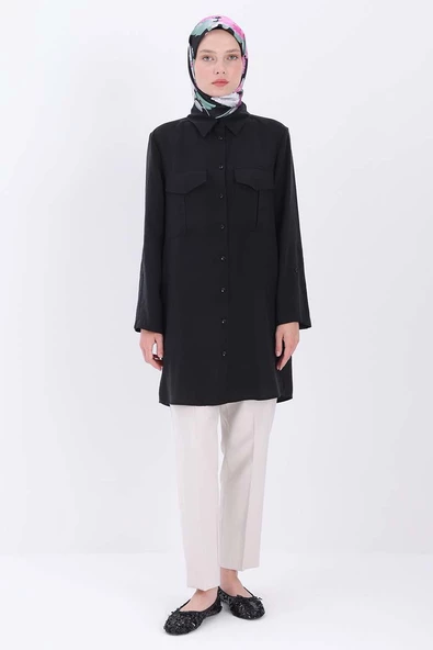 Siyah-Çift Cepli Gömlek Tunik - Resim 2