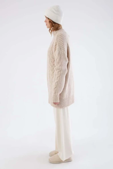 Ekru-Saç Örgülü Triko Kazak - 3