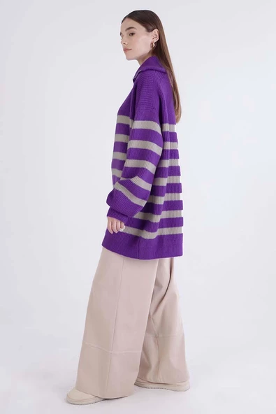 Mor-Taş-Balıkçı Yaka Fermuarlı Likralı Triko Kazak - 3