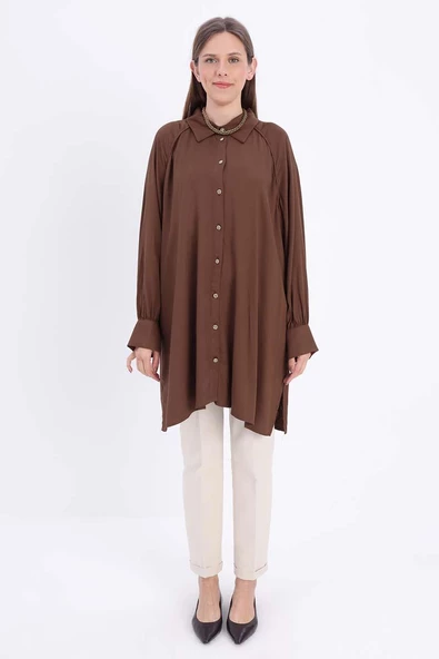 Kahve-Büyük Beden Reglan Kol Gömlek Tunik - Resim 2
