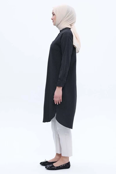 Siyah-Pamuklu Çizgili Poplin Gömlek Tunik - 3
