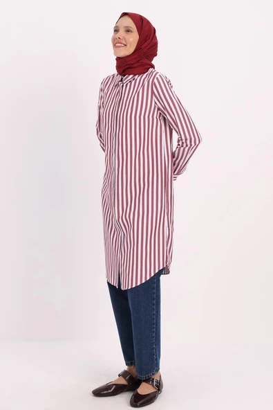 Bordo-Beyaz-Gizli Patlı Gömlek Tunik - 2