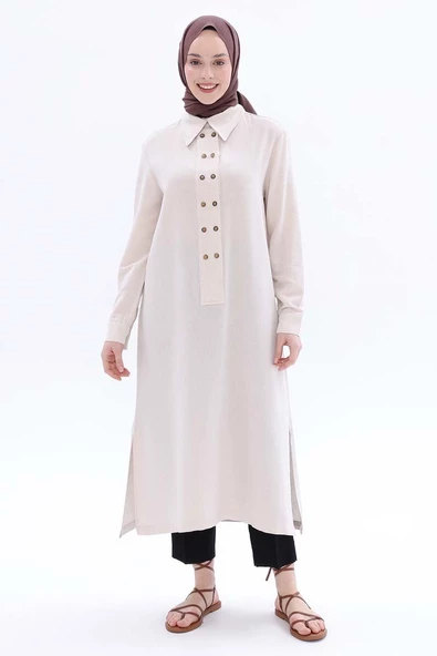 Kemik-Çift Düğmeli Keten Tunik - 2
