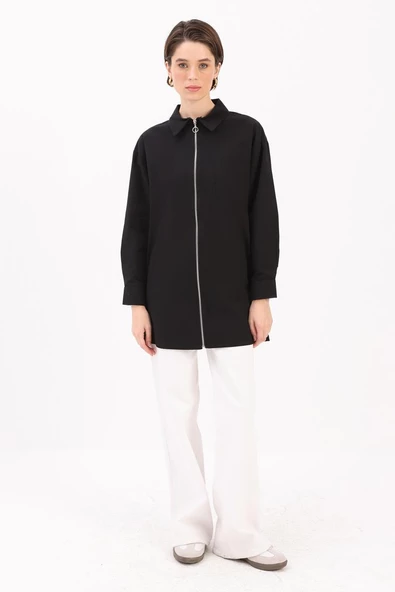 Siyah-FERMUARLI MANŞETİ DUBLELİ GÖMLEK TUNİK - Resim 2