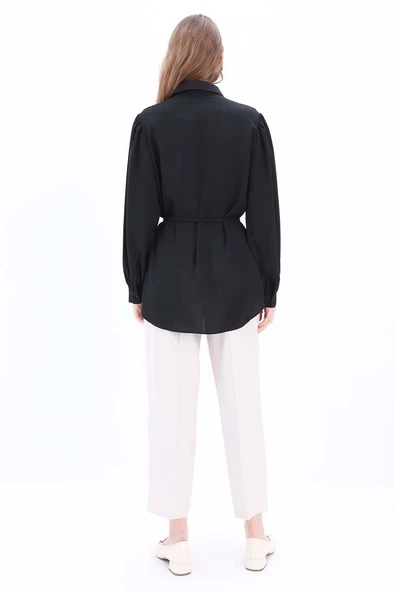 Siyah-Belden Bağlama Detaylı Gömlek Tunik - Resim 4