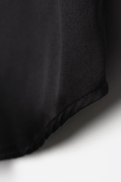 Siyah-Uzun Kollu Patlı Saten Gömlek - Resim 5