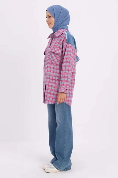 Pembe-Mavi-Denim Garnili Tüvit Gömlek - 3