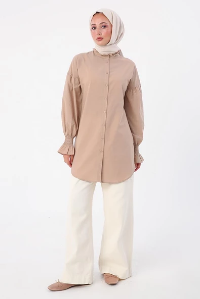 Bej-%100 Pamuk Yakası Ve Kolları Büzgülü Gömlek Tunik - Resim 2