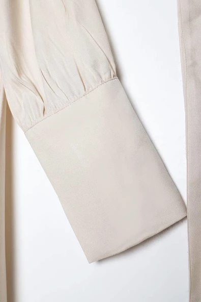 Ekru-Geniş Manşetli Kemerli Tunik - Resim 5