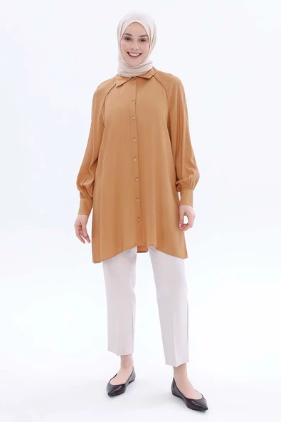 Camel-Büyük Beden Reglan Kol Gömlek Tunik - 2