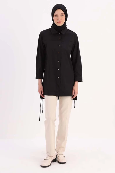 Siyah-ROBA VE DİKİŞ DETAYLI GÖMLEK TUNİK - Resim 2