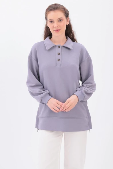 Gri-Yanları Fermuarlı Yakalı Sweat Tunik