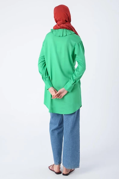 Çimen Yeşili-Yakası Piliseli Viskon Gömlek Tunik - Resim 4