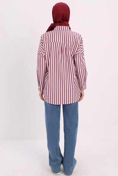 Bordo-Beyaz-Oversize Basic Gömlek - 4