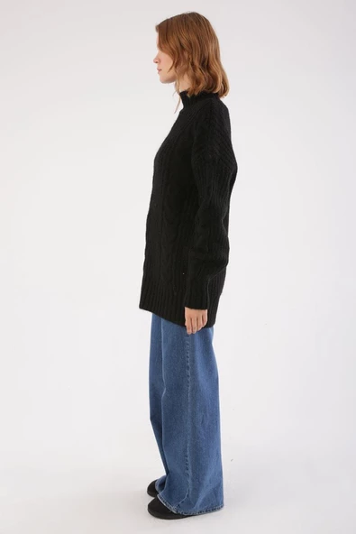 Siyah-Saç Örgülü Triko Kazak - 3