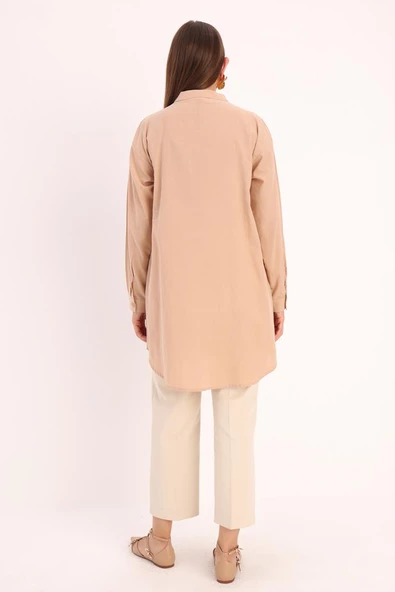 Bej-Pamuklu Taş Detaylı Likralı Gömlek - Resim 4