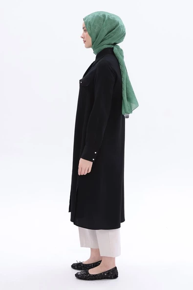 Siyah-Yırtmaçlı Keten Gömlek Tunik - 3