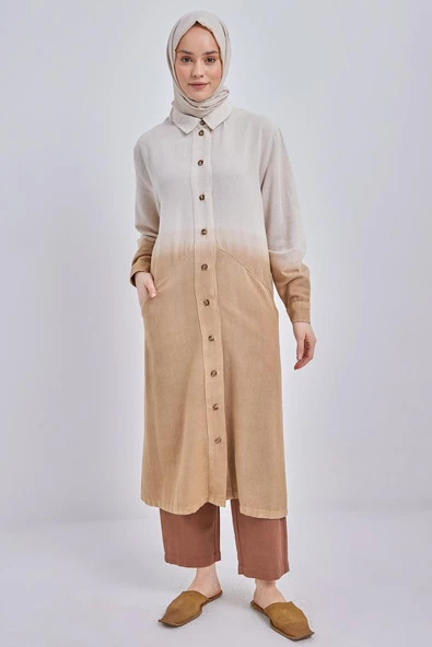 Vizon-Degrade Keten Uzun Gömlek - Resim 2