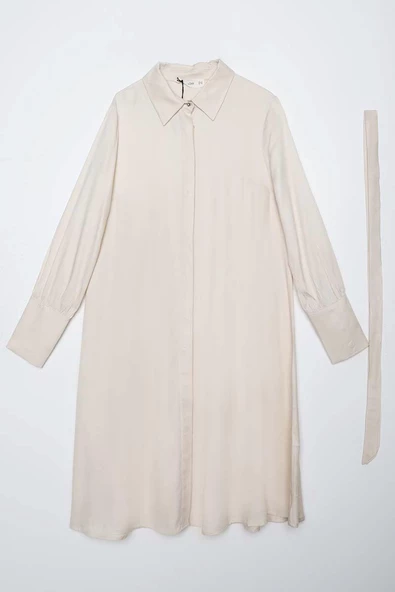 Ekru-Geniş Manşetli Kemerli Tunik - Resim 6