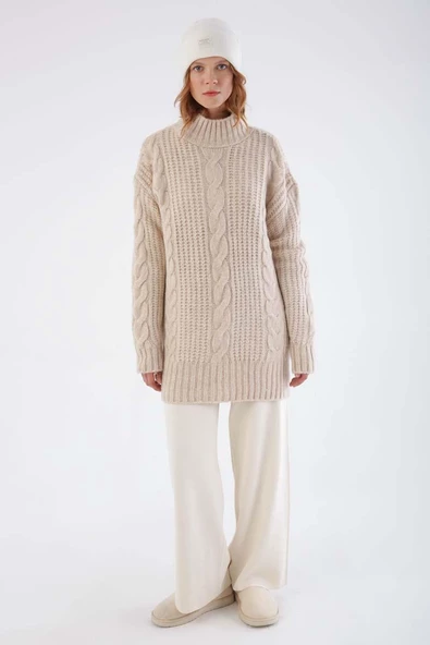 Ekru-Saç Örgülü Triko Kazak - 2