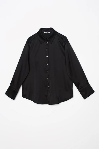 Siyah-Uzun Kollu Patlı Saten Gömlek - Resim 6