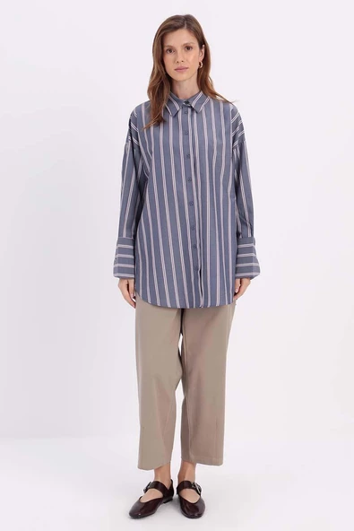 Lacivert-Kırmızı-%100 Pamuklu Çizgili Gömlek - Resim 2