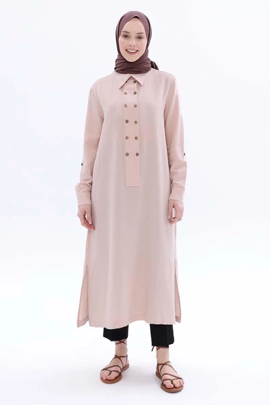 Açık Somon-Çift Düğmeli Keten Tunik - Resim 2