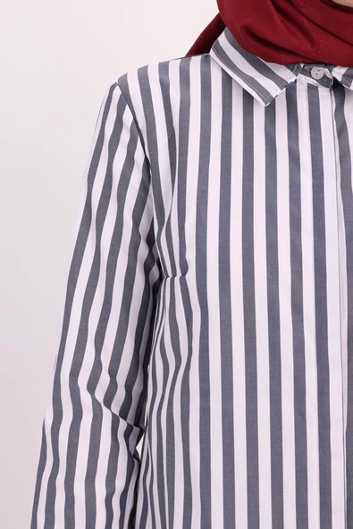 Lacivert-Beyaz-Gizli Patlı Gömlek Tunik - 5