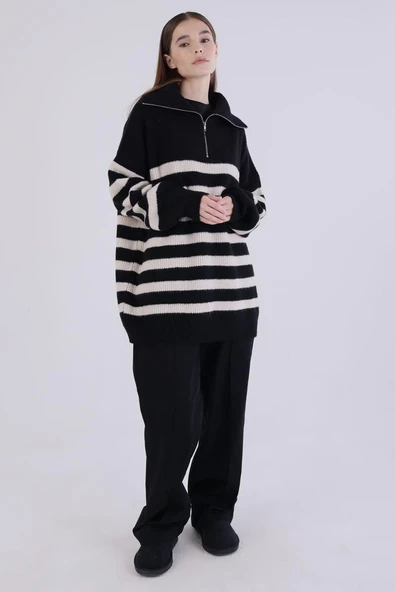 Siyah-Taş-Balıkçı Yaka Fermuarlı Triko Kazak - 5