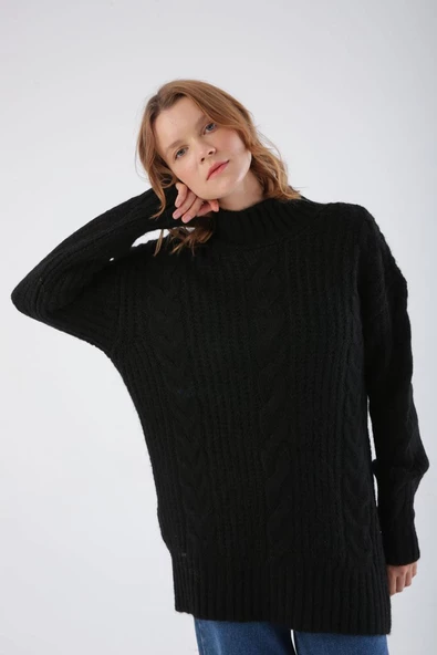 Siyah-Saç Örgülü Triko Kazak - 5