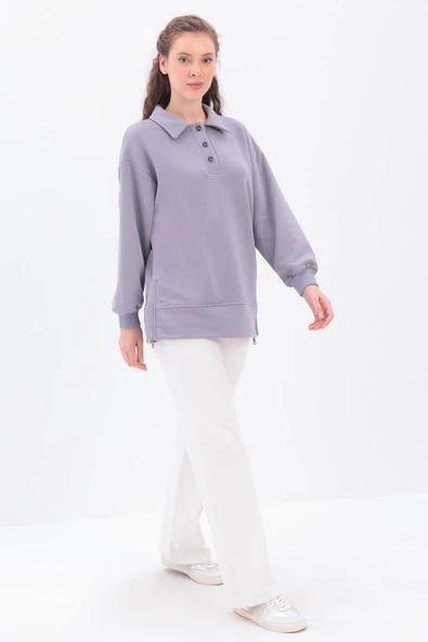 Gri-Yanları Fermuarlı Yakalı Sweat Tunik - 3