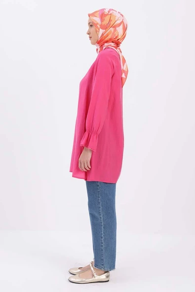 Pembe-Fisto Detaylı Sık Düğmeli Tunik - 3