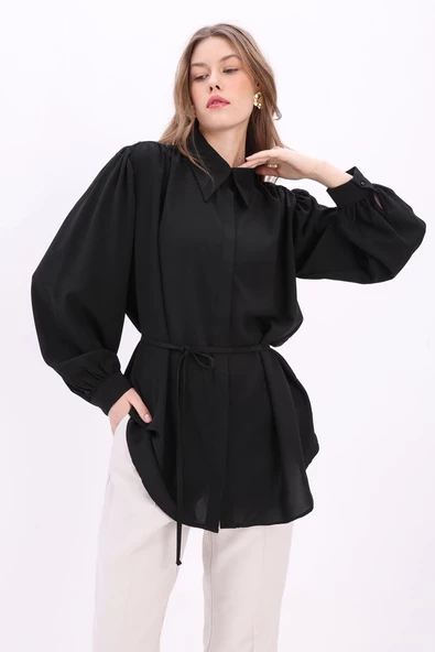 Siyah-Belden Bağlama Detaylı Gömlek Tunik - Resim 6