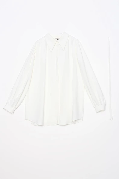 Beyaz-Belden Bağlama Detaylı Gömlek Tunik - Resim 6