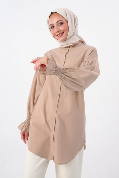 Bej-%100 Pamuk Yakası Ve Kolları Büzgülü Gömlek Tunik - Resim 5