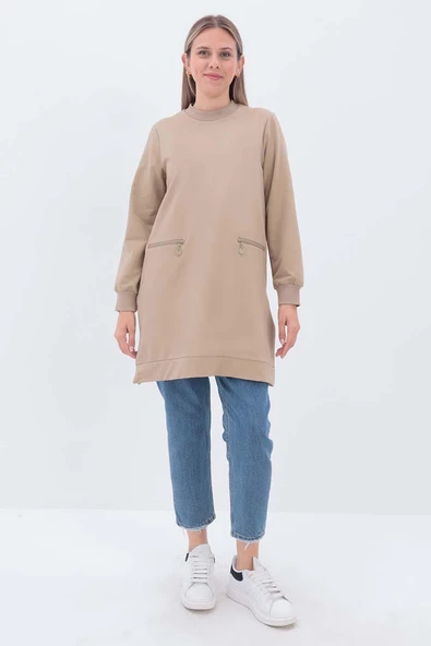 Bej-FERMUAR CEPLİ YIRTMAÇLI SWEAT TUNİK - 2