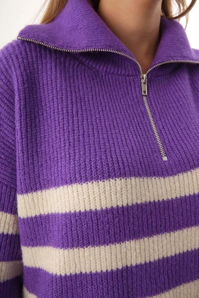 Mor-Taş-Balıkçı Yaka Fermuarlı Likralı Triko Kazak - 6