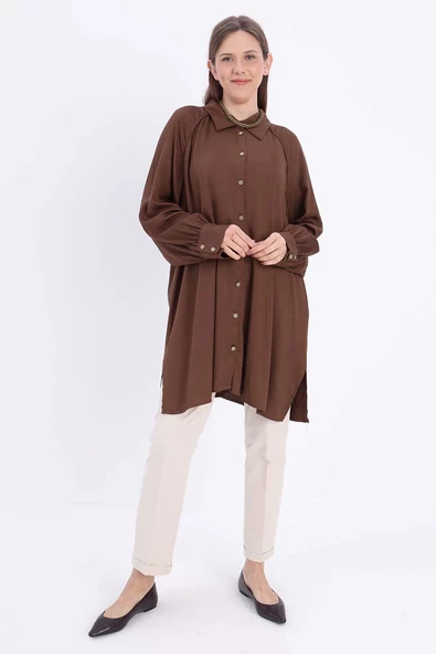 Kahve-Büyük Beden Reglan Kol Gömlek Tunik