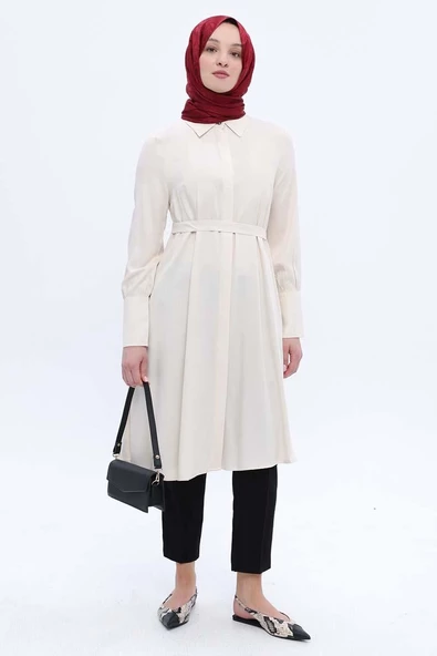 Ekru-Geniş Manşetli Kemerli Tunik ürün görseli