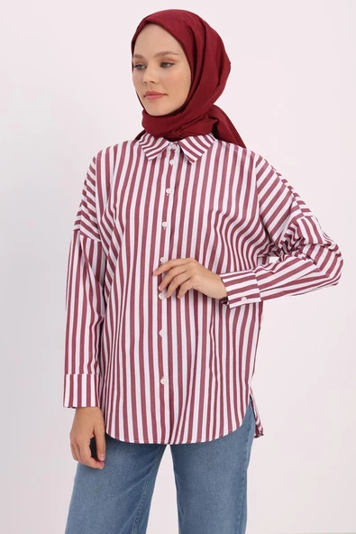 Bordo-Beyaz-Oversize Basic Gömlek