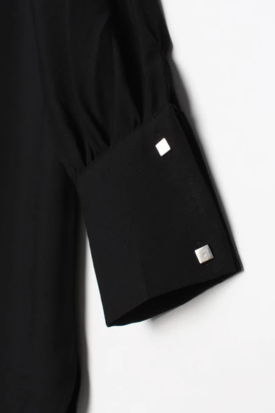 Siyah-Dik Yaka Büzgülü Kol Düğmesi Detaylı Gömlek - Resim 6