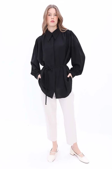 Siyah-Belden Bağlama Detaylı Gömlek Tunik - Resim 5