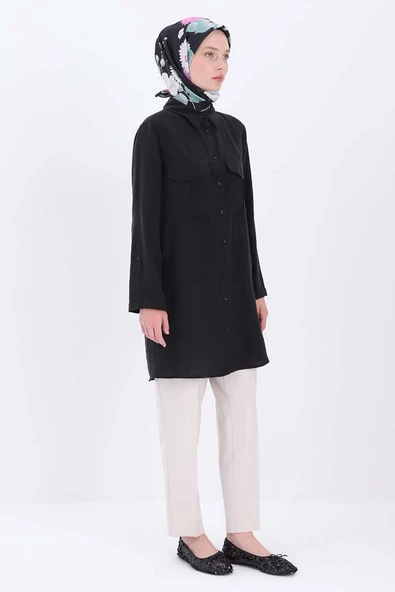 Siyah-Çift Cepli Gömlek Tunik - Resim 3